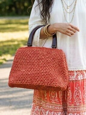 Vintage Woven Raffia Satchel, Red/Gold, Tortoise Shell Handles